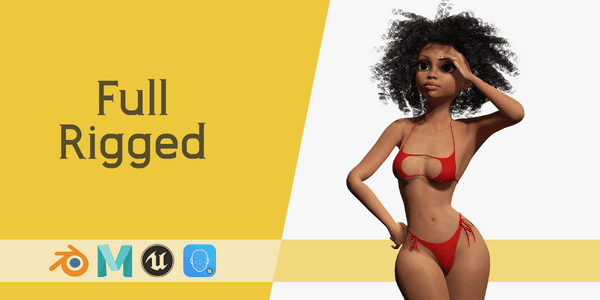 Naked African Black Female Cartoon — Stylized Cartoon 3D Character Model Fully Rigged for Blender