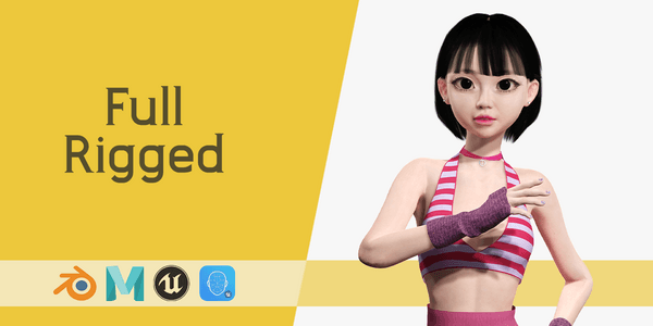 Asian Woman — Stylized Cartoon 3D Character Model Fully Rigged for Blender