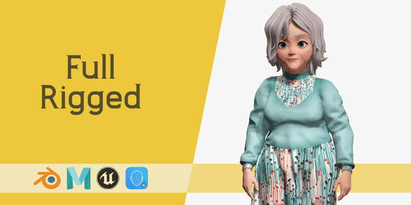 Grandma Cartoon Old Woman — Stylized Cartoon 3D Character Model Fully Rigged for Blender
