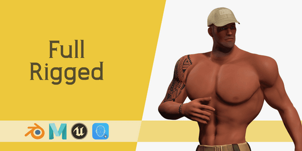 Muscle Stylized Strongman Bodyguard Commander Low Poly 3d Model — Stylized Cartoon 3D Character Model Fully Rigged for Blender