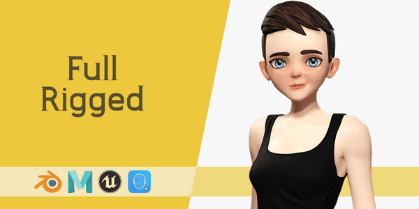 Black Dress Stylized Young Woman 3d Character Rigged Short Hair — Stylized Cartoon 3D Character Model Fully Rigged for Blender