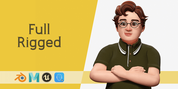 Nerdy Guy With Glasses And Curly Hair Stylized 3d — Stylized Cartoon 3D Character Model Fully Rigged for Blender